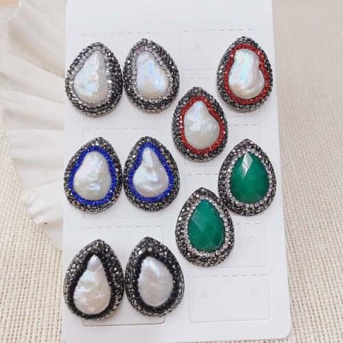 New Design Crystal Paved Rhinestone Pearl Stud Earrings, Nature Freshwater Pearl Stud Earrings Mix Color