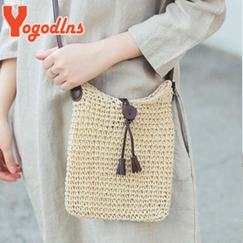 Yogodlns Summer Straw Shoulder Bag Women Handmade Beach Bag Bohemian Rattan Crossbody Bag Travel Woven Messenger Handbag Bolsas