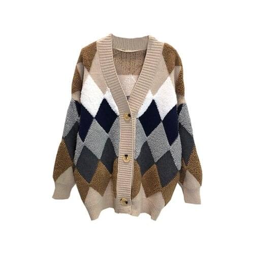 2021 Loose Korean Style Lazy Wind Knitted Cardigan Oversized Sweater Coat Women Computer Knitted Plaid Ladies Sweaters Rash
