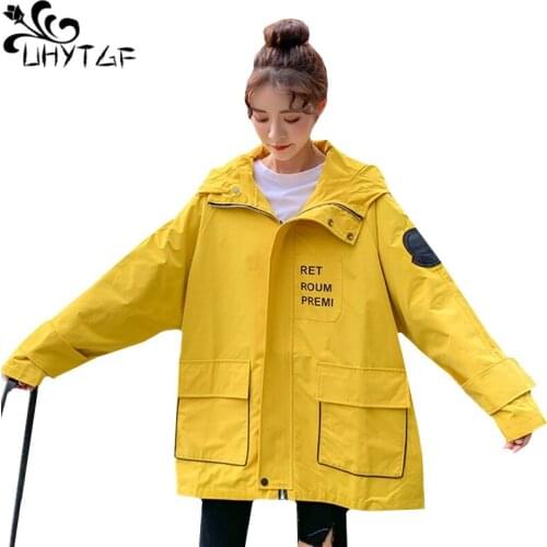 UHYTGF Oversized coats womens Baseball uniform student tooling trench coat Pure color wild Hooded autumn windbreaker female 388