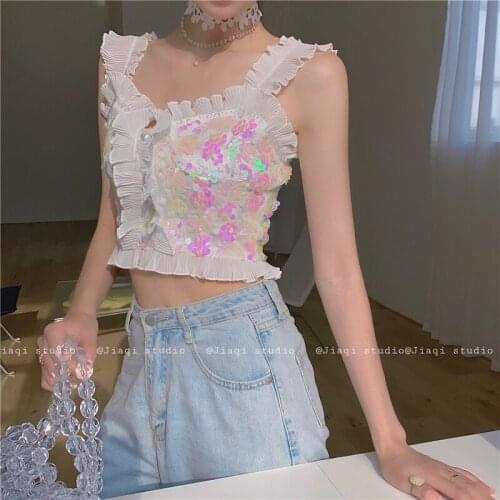Colorful Fishscale Sequins Cute Tank Top Ruffles Sleeveless Women Shirt High Street Fashion Summer Blouse Chemise Blusa 2020