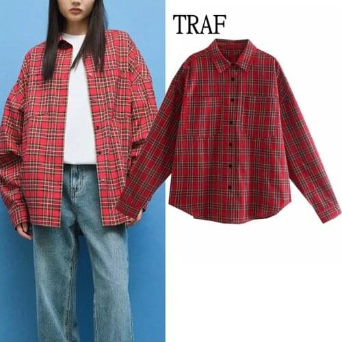 TRAF Za Woman Shirt 2021 Autumn Vintage Plaid Women Oversize Shirt Long Sleeve Top Loose Korean Clothing Casual Women Blouses