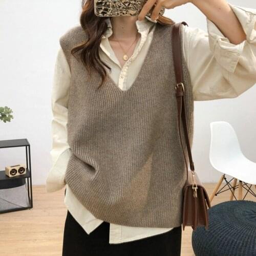 Sweater Vest Women V-neck Knitted Solid Simple All-match Loose Leisure Trendy Pocket Classic Jumper Size S-2XL Women