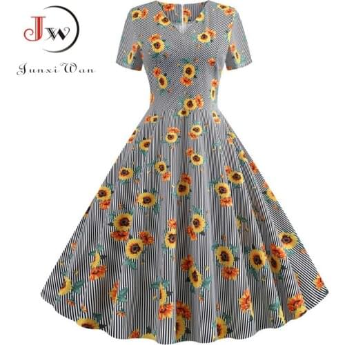 New Summer Striped Floral Print Vintage Midi Dress Women Elegant V Neck Short Sleeve Party Vestidos Slim Casual Sundress Robe