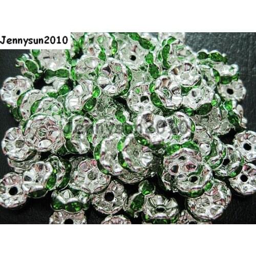 200pcs/lot 10mm Top Quality Czech Peridot Crystal Rhinestone Pave Wavy Rondelle Metal Sliver Plated Spacer Loose Beads Jewelry