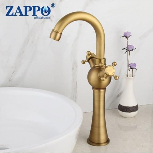 ZAPPO Antique Brass Bathroom Basin Mixer Faucet 2 Handles Deck Mounted Faucets Wash Basin Mixer Hot & Cold Water Mixer Tap