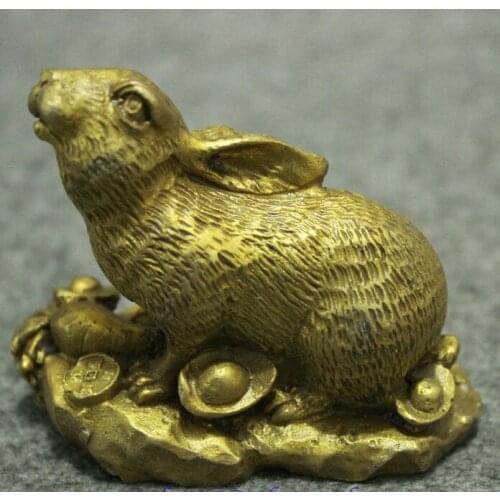Chinese Pure Brass Wealth Zodiac Lovely Rabbit YuanBao Coin Set Statue Sculpture