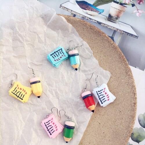 Creative Asymmetric Resin Earrings Unmathed Pencil Book Funny Dangle Earrings for Women Chic Teacher Gift Statement Girl Jewelry
