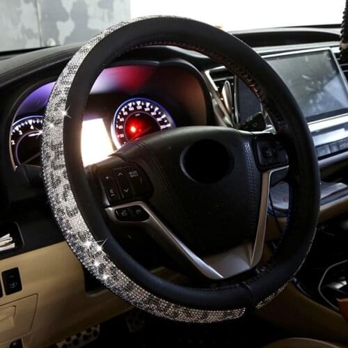 Leopard Non-slip Crystal Leather Steering Wheel Covers Rhinestone Auto Steering Wheel Covers Protectors Interior Accessories