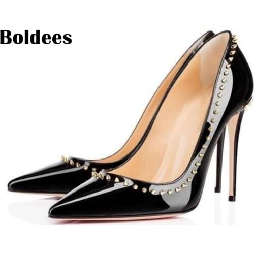 Hot Sale Thin High Heel Shoes Woman Sexy Pointed Toe Pumps Fashion Stylish Rivets Heeled Footwear Shoes 10/12cm heels dress shoe