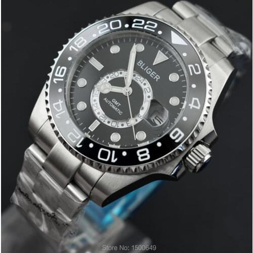 BLIGER 43mm function Ceramic Rotate Bezel black dial with beads date automatic Blue luminous pointer Wrist mens watches