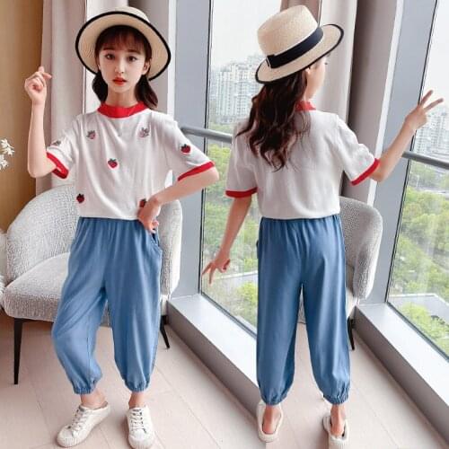 New Arrivals Teen Girls Clothing Sets Embroidery Strawberry Pattern T-Shirt+Pants Thin Two Pieces Children Casual Cool Outfits