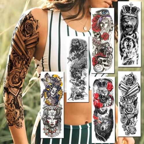 Realistic Gun Rose Temporary Tattoos Sticker For Women Men Fake Full Arm Skull Lion Tribal Wolf Soldier Sleeve Tattoos For Show