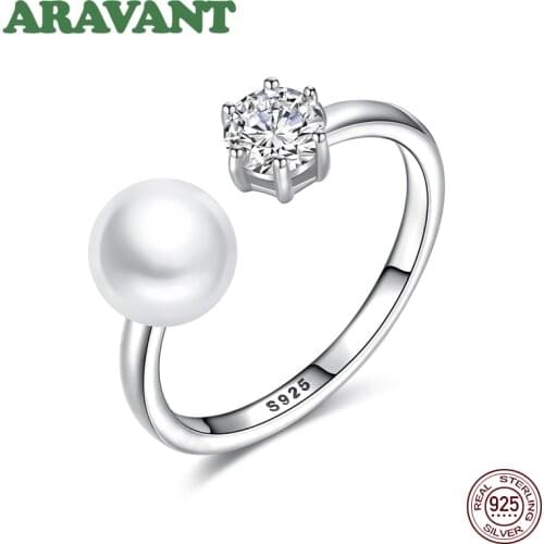 Adjustable Pearl Ring Silver 925 Jewelry CZ Pave Open Ring For Women Christmas Gift