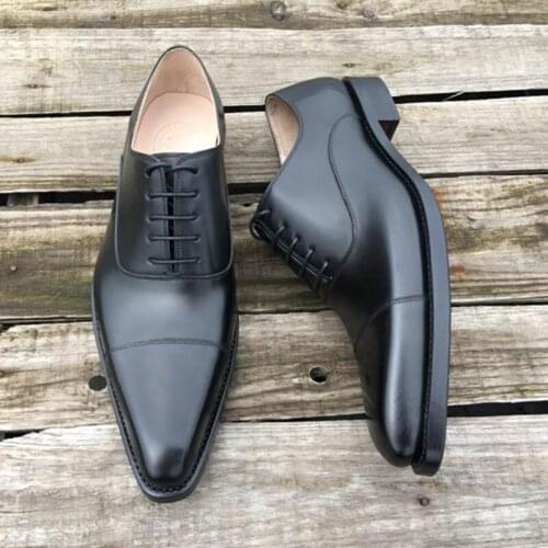 Sipriks Mens Calf Leather Oxfords Imported Italian Handmade Goodyear Welt Dress Shoes Male Cap-toe Church Shoes Elegant Black 44