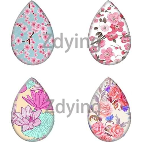Zdying 10pcs Beautiful Pink Flowers Pattern Water Drop Teardrop Shape Glass Cabochon Photo DIY Earrings Brooch Jewelry Findings
