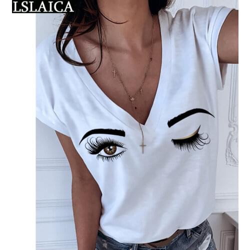 Tops women short sleeve white Deep V-neck eye print knitted causal t shirt loose women clothing fashion office summer koszulka