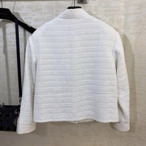 118216 new women vintage jacket long sleeve runway silk flower print lining elegant lady white coat with chain