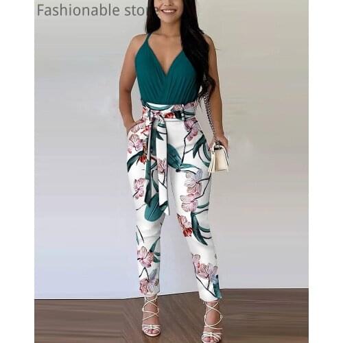 Women Solid Color Ruched Sleeveless Top & Floral Print Pants 2 Piece Sets With Sashes