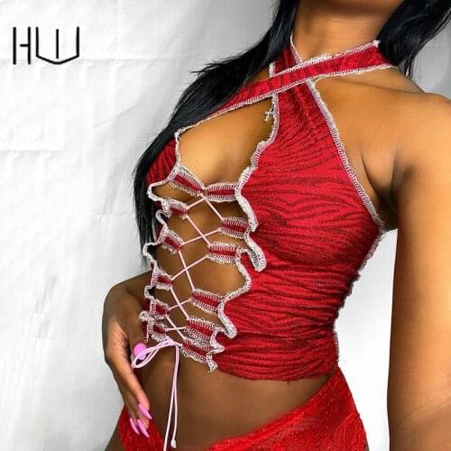 Print Women Halter Crop Top Hollow Out Skinny Lace Up Bandage Cross-tied Drawstring Sleeveless Summer Clothes Club Camis