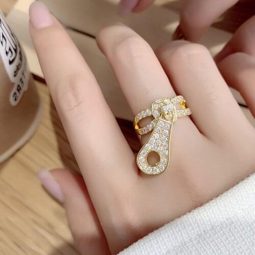 Minar Unique Design Spark Rhinestone Zipper Charm Rings for Women Mujer Brass Gold Layers Chunky Open Ring Wedding Jewellery