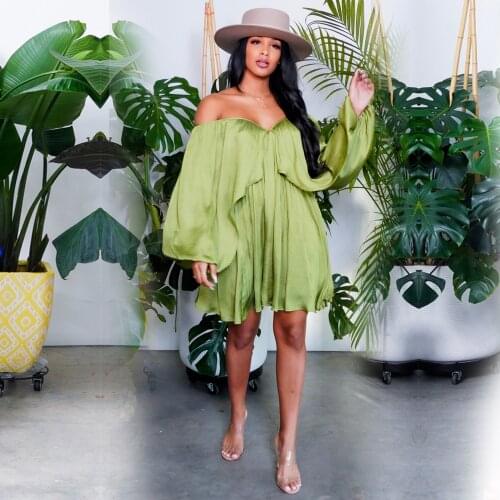 Oversized Loose Ruffled Satin Dress Woman Sexy Slash Neck Long Sleeve Boho Short Sundresses Plus Size Clothing Streetwear S-4xl