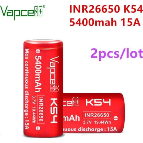 2pcs/lot VapCell original INR 26650 5400mah 15A K54 li ion battery 3.7V rechargeable for flashlight power tools free shipping
