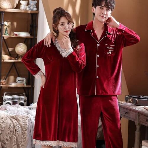 Couple Velvet Pajamas Suit Lovers Sleepwear Men Shirt Pant Nightwear Autumn Sweet Lace Trim Women Velour Nightdress Home Wear