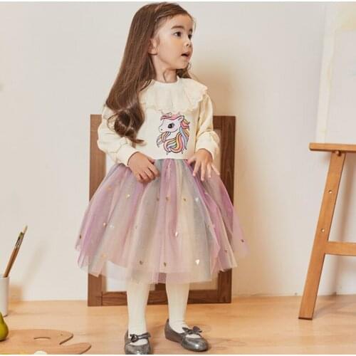 Fall Girls Dress Cartoon Unicorn Long Sleeve Kids Dresses for 2 3 4 5 6 7 Year Girl Heart Sequined Children Princess Clothing