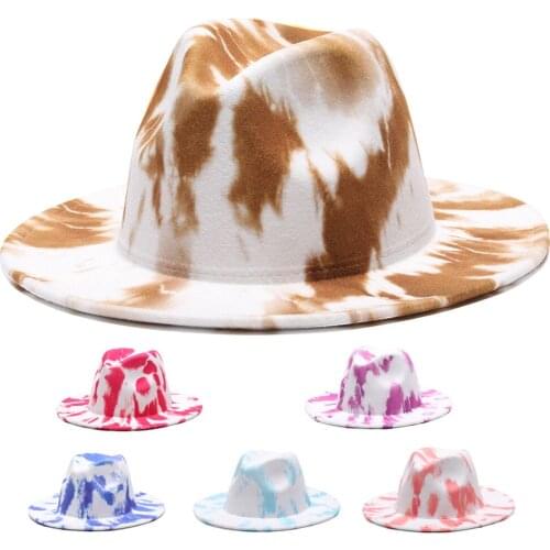 Fedora hats women men wide brim tie dye gradient luxury felted hats autumn winter spring multicolor jazz caps casual felted hats