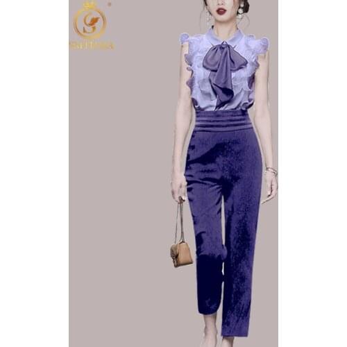 Purple Fashion Temperament Pants Suits Female 2021 Summer New Two-Piece Set Womens Outfits Casual Ruffle Clothing Femme Mujer