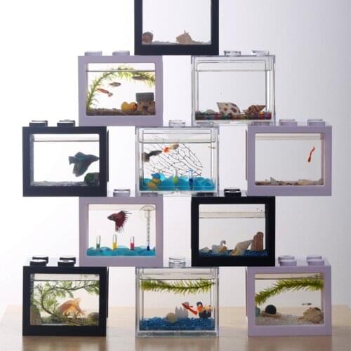 Hot Sale Mini Fish Tank Betta Fish Mini Aquarium Creative Building Block Fish Tank Home Office Tea Table Decoration Feeding Box
