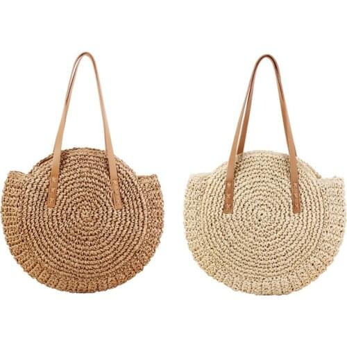 Round Straw Beach Bag Vintage Handmade Woven Shoulder Bag Raffia Circle Rattan Bags Bohemian Summer Vacation Casual Bags