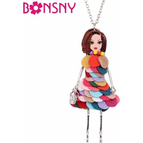 Bonsny Statement Alloy Doll Necklace Dress Handmade French Cloth Doll Pendant 2017 News Women Fashion Jewelry Girl Accessories