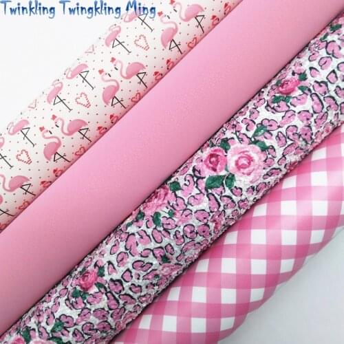 Leopard and Rose printed Glitter Leather Fabric , Flamingo Printed Faux Synthetic Leather For Bow 21x29CM Twinkling Ming KM423