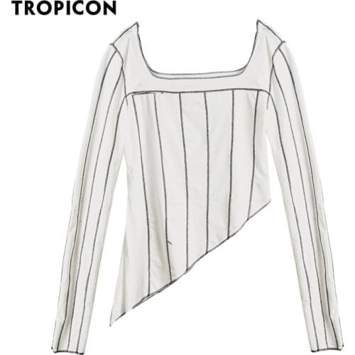 TROPICON 2021 Fashion T Shirt Women Contrast Stitch Tshirt Casual Long Sleeve Asymmetrical Top Square Neck Striped Designer Top