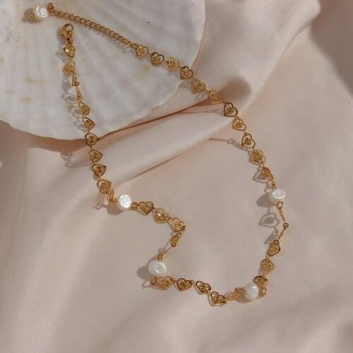 2021 New Elegant Bridals Heart Plate Natural Freshwater Pearl Choker Nrecklace Stainless Steel Gold Plated Chain Necklace