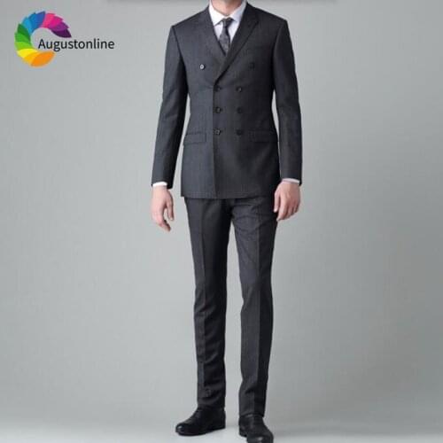 Formal Grey Men Suit Wedding Double Breasted Peaked Lapel Groom Tuxedos Slim Fit Bridegroom Suit 2 Piece Man Blazer Jacket Pants
