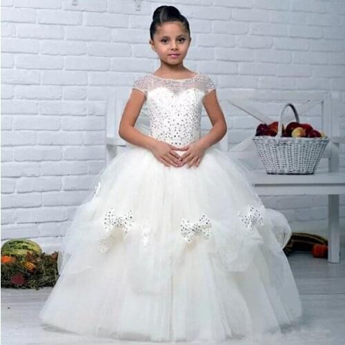 Short Sleeve Lace Crystal Beading Puffy Princess Ball Gowns Girls Birthday Dresses Pageant Girls Celebrity Dresses Gowns Custom