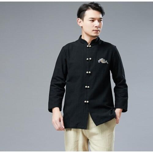 Autumn men sweatshirt linen embroid long sleeve loose shirt tai chi yoga martial arts casual kungfu fitness shirt activewear