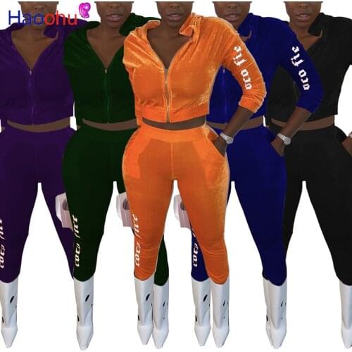 HAOOHU Streetwear Velvet letter embroideryWomens Set Hoodies Tops Jogger Pants Set Active Tracksuit Two Piece Fitness Outfit