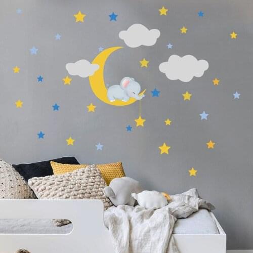 Vacclo Cartoon Baby Elephant Moon Clouds Star Wall Stickers for Kids Room Baby Nursery Room Decoration Wall Decals Bunny Sticker