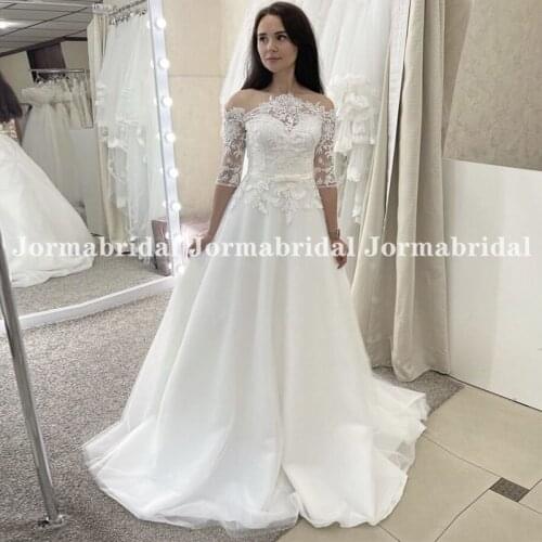 Vintage Off Shoulder Wedding Dress With Lace Half Sleeve A-Line White Tulle Boat Neck Plus Size Wedding Party Gowns robe mariage