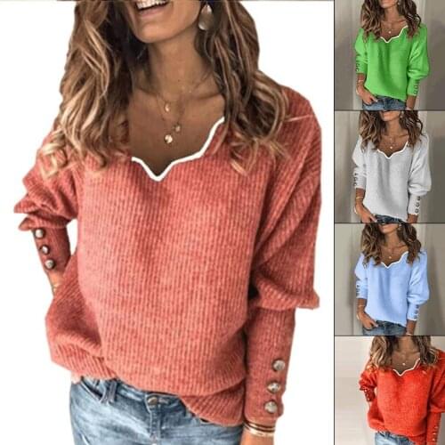 2020 New Hot style Fashion womens solid color all-match knitted V-neck loose long-sleeved T-shirt