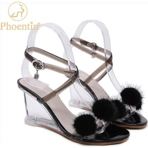Phoentin 2020 sexy ladies sandals with fur ball cross strap buckle wedges high heels female transparent shoes 2020 white FT1000