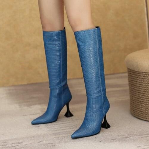 Sexy Wineglass Heel Womens Boots Autumn Winter Knee High Boots Faux Leather Long Boots Slip On Fashion Woman Shoes Big Size 43