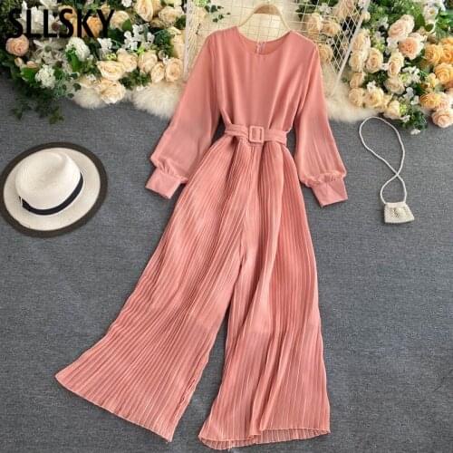 SLLSKY 2020 New Autumn Elegant Solid Jumpsuits Women Office Lady Long Sleeve With Belt O Neck Zipper Pleated Wide Leg Trousers