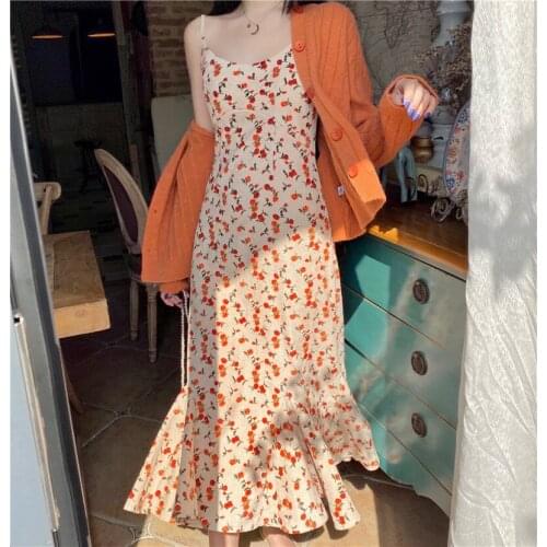 Women Fall Two Piece Set French Mermaid Slim Body Fairy Floral Strap Dress + Orange Knitted Cardigan Jacket Female Fashion Suits