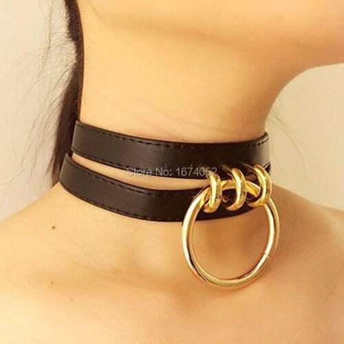 100% Handmade Punk Gothic Women Leather Choker Cut Out Frame Caged Gold O-Round Collar Fetish Sub Necklace