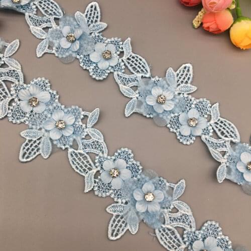 1 Yard 6CM Blue Diamond Pearl Flower Lace Trim Ribbon Fabric Embroidered Applique Sewing Craft For Costume Hat Decoration